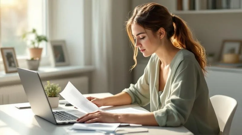 Frau sitzt am Schreibtisch und prueft Unterlagen in einem hellen Raum in Hamm