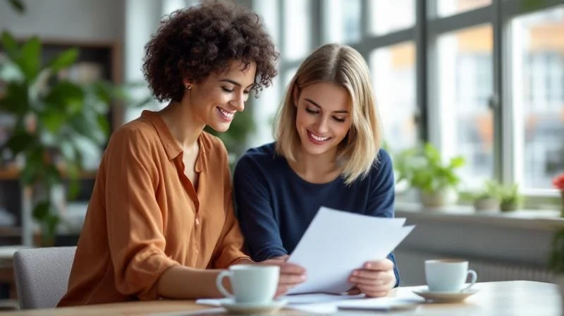 Zwei Kolleginnen besprechen Weiterbildungsunterlagen in einem modernen Buero