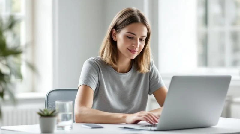 Frau sitzt mit Laptop in einem hellen Arbeitsbereich in Hamm und schaut konzentriert auf den Bildschirm