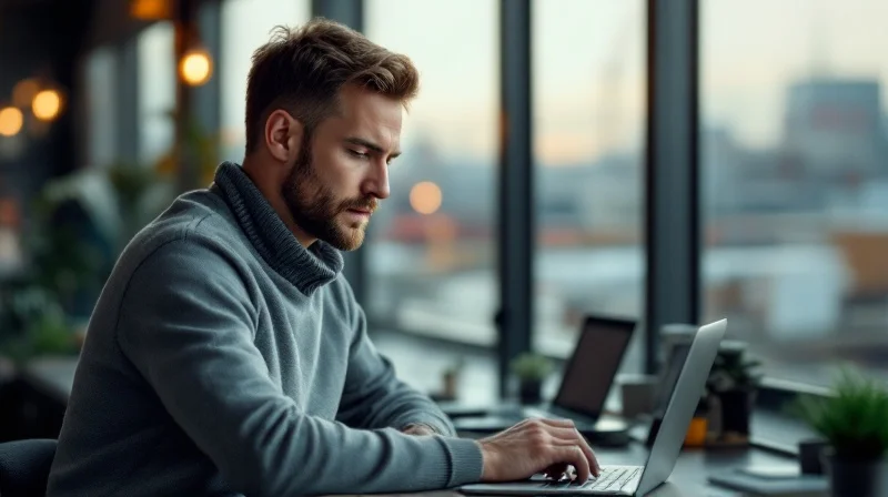Hammer Angestellter im Büro mit Laptop, im Hintergrund Rangierbahnhof-Kulisse
