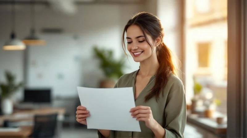 Frau haelt stolz ein IHK-Zertifikat in einem hellen Buero in Hamm