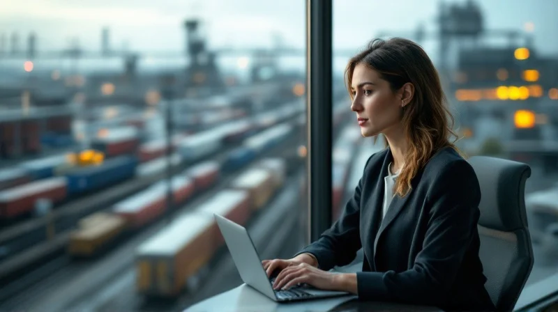 Geschäftsführerin im Hammer Büro mit Blick auf den Rangierbahnhof und Logistikflächen