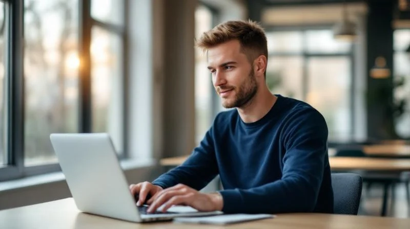Mann blickt konzentriert auf einen Laptop in einem modernen Arbeitsraum in Hamm