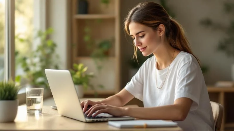Frau arbeitet konzentriert am Laptop in einem hellen Homeoffice in Hamm