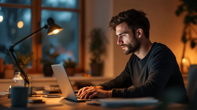 Mann arbeitet abends am Laptop in einem gemuetlichen Arbeitszimmer in Hamm